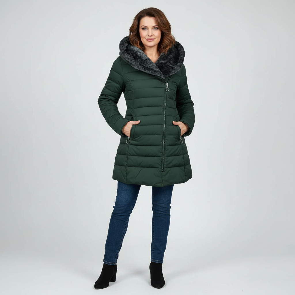 Arlena Women’s Winter Coat | Black Quilted Jacket with Faux Fur Hood