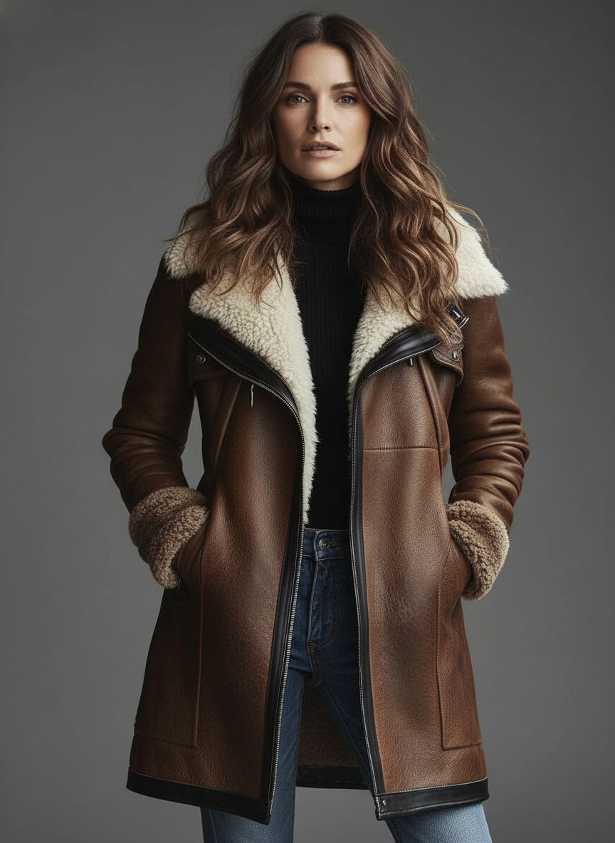 Arden Women’s Shearling Coat | Brown Faux Leather Jacket with Fleece Lining