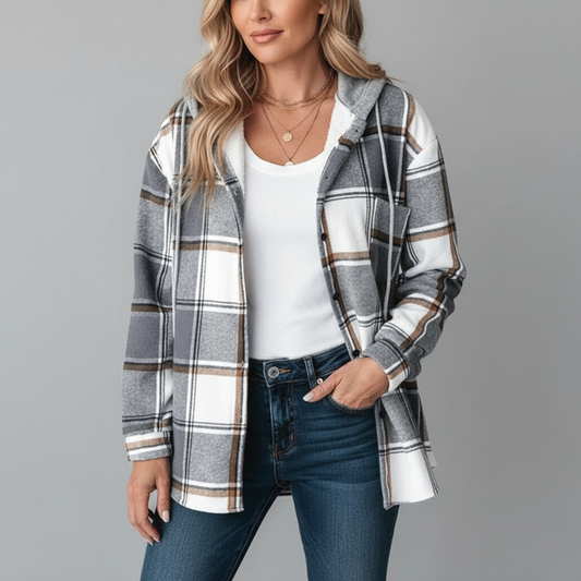 Talia Women’s Checked Overshirt | Plaid Button-Up Jacket with Hood