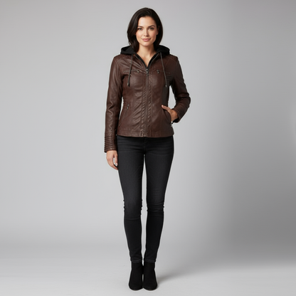 Selina Women’s Faux Leather Jacket | Slim Fit Zip-Up with Removable Hood