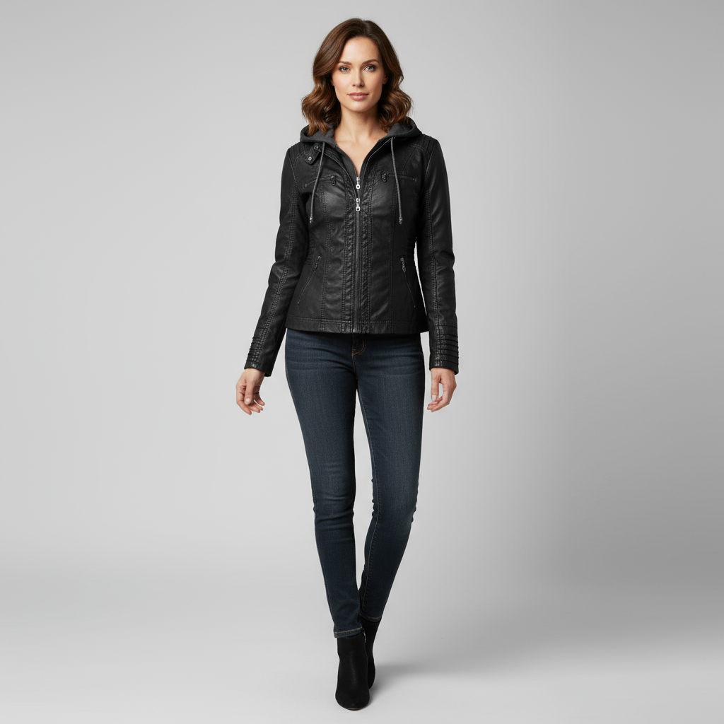 Selina Women’s Faux Leather Jacket | Slim Fit Zip-Up with Removable Hood