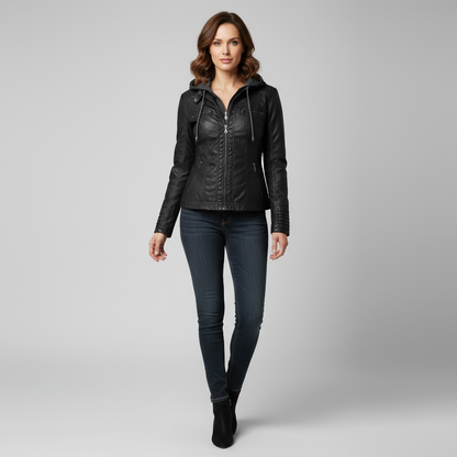 Selina Women’s Faux Leather Jacket | Slim Fit Zip-Up with Removable Hood