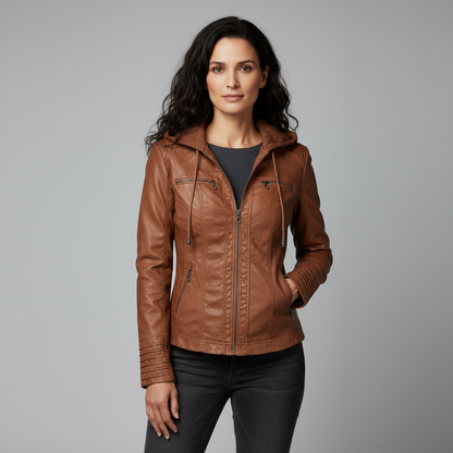 Selina Women’s Faux Leather Jacket | Slim Fit Zip-Up with Removable Hood