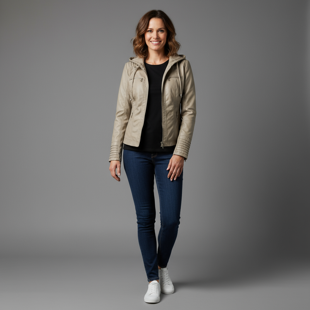 Selina Women’s Faux Leather Jacket | Slim Fit Zip-Up with Removable Hood