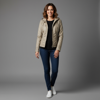 Selina Women’s Faux Leather Jacket | Slim Fit Zip-Up with Removable Hood