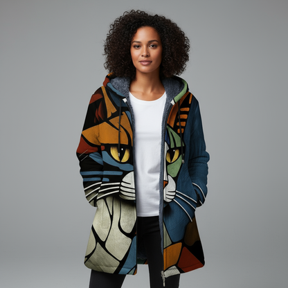 Kara Women’s Art Print Hoodie Coat | Colorful Cat Design Jacket