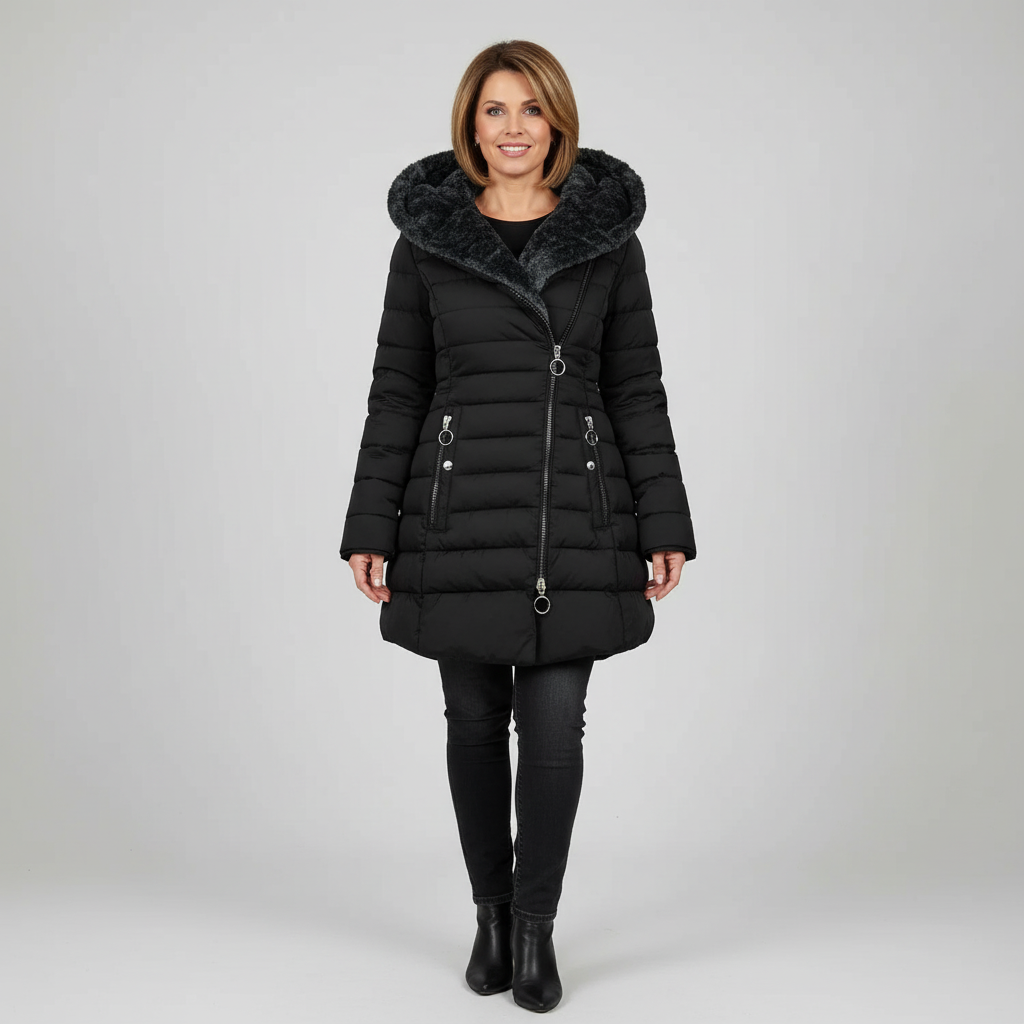 Arlena Women’s Winter Coat | Black Quilted Jacket with Faux Fur Hood