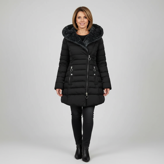 Arlena Women’s Winter Coat | Black Quilted Jacket with Faux Fur Hood