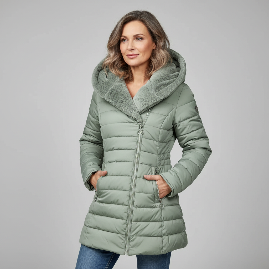 Arlena Women’s Winter Coat | Black Quilted Jacket with Faux Fur Hood