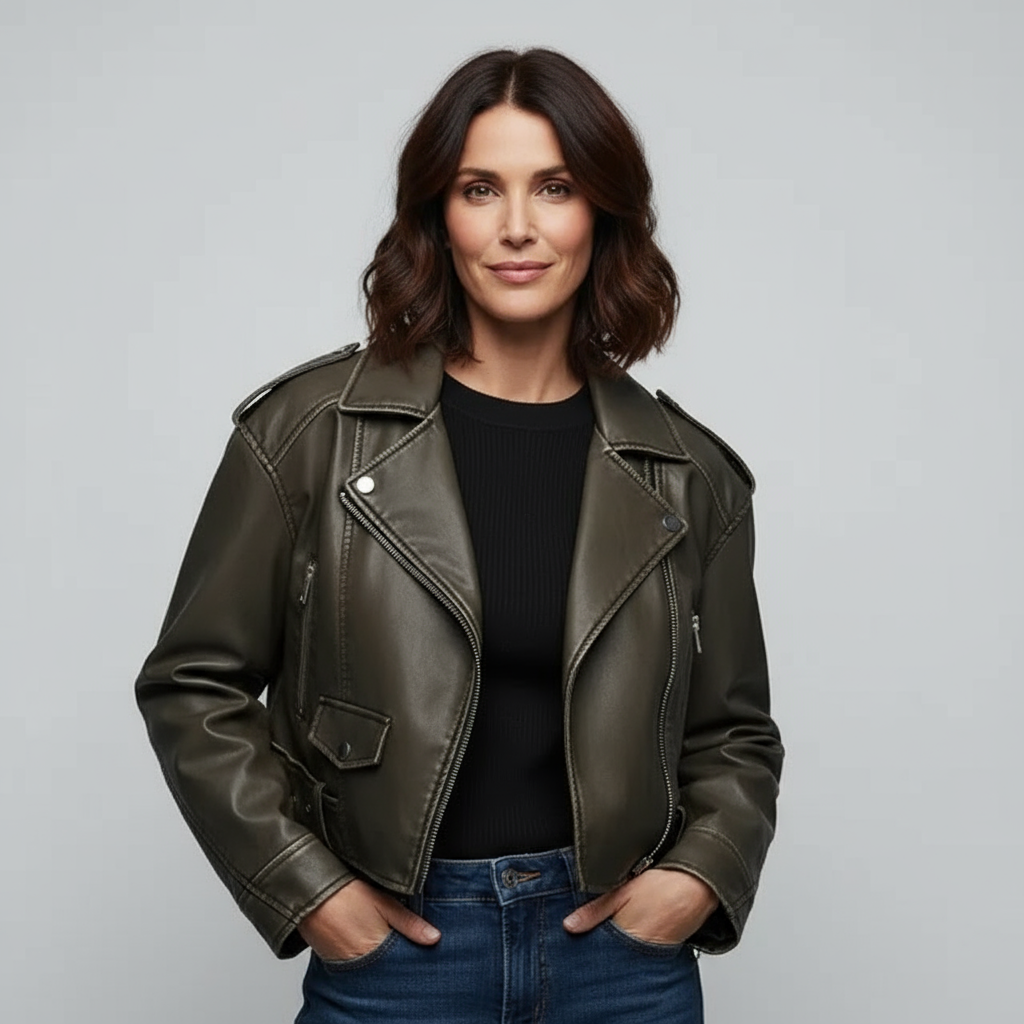 Raya Women’s Faux Leather Jacket | Cropped Biker Style with Belt