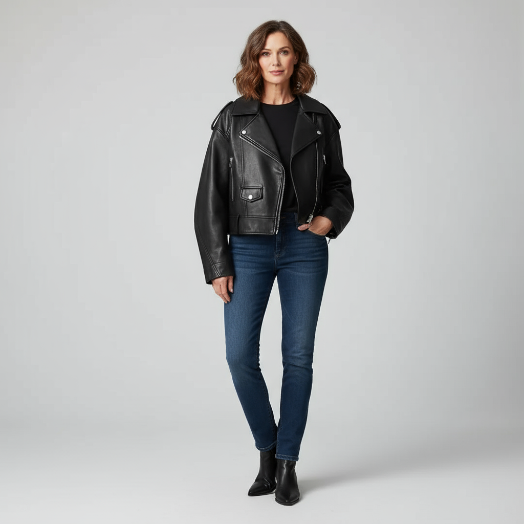 Raya Women’s Faux Leather Jacket | Cropped Biker Style with Belt